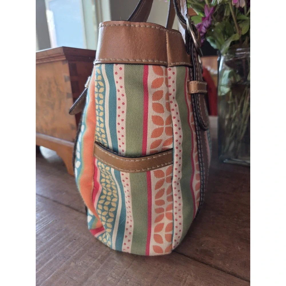 FOSSIL Floral Canvas‎ Leather Tote Shoulder Bag Hobo Boho Key Blue Pink Y2K
